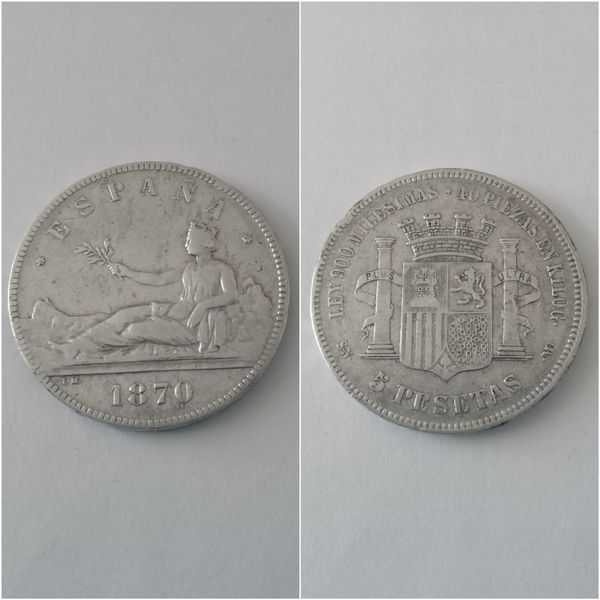 Moneda plata 5 pesetas año 1870  *18*70  SN M   “R.C.”