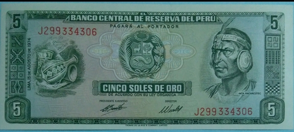 ¡Gran Oportunidad! Vendo Billetes de Perú, 5 Soles de Oro, UNC; 1974