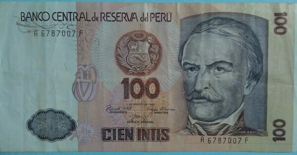 ¡Gran Oportunidad! Vendo Billetes de Perú, 100 Intis, F; 1985