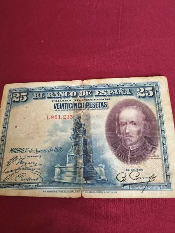Billete de veinticinco pesetas (fecha 15 de agosto de año 1928)