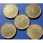 3☆☆ Vendo lote de 5 monedas de 20 céntimos de euro ( higienizadas ) de España del año 1999.