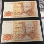 2 BILLETES CORRELATIVOS DE 200 PESETAS SIN CIRCULAR Y SIN SERIE DE 1980