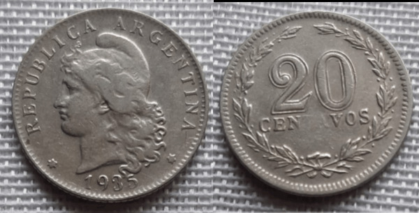 Moneda Argentina de 20 centavos con Fallo de cuño