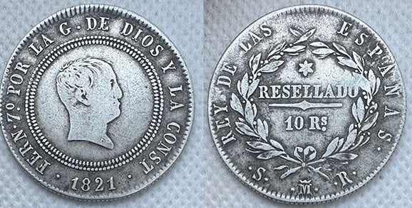 FERNANDO VII - 10 REALES - 1821 SR - RESELLADO