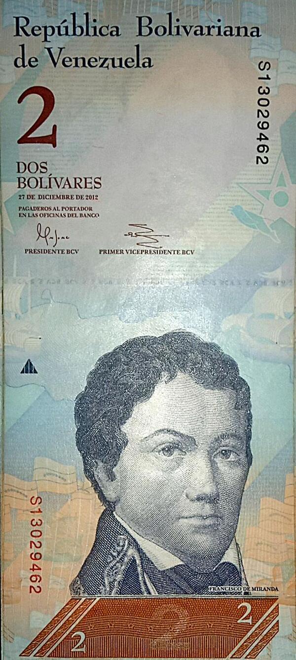 Billete de 2 Bs de Venezuela de 27 de diciembre de 2012