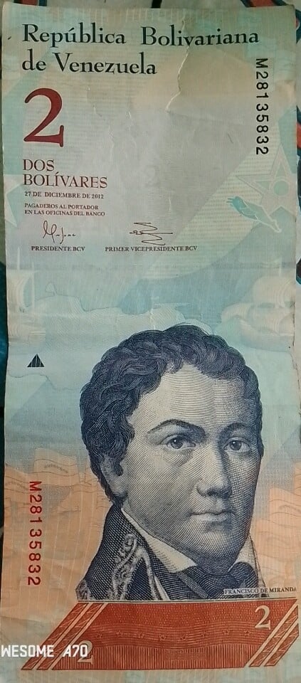 Billete 2 bolivares 27 Diciembre 2012