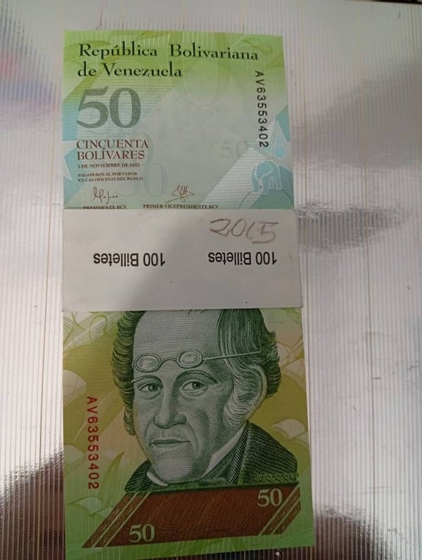100 Billetes de numeración continua de 50 Bolívares fecha de elaboración 05 de Noviembre del 2015