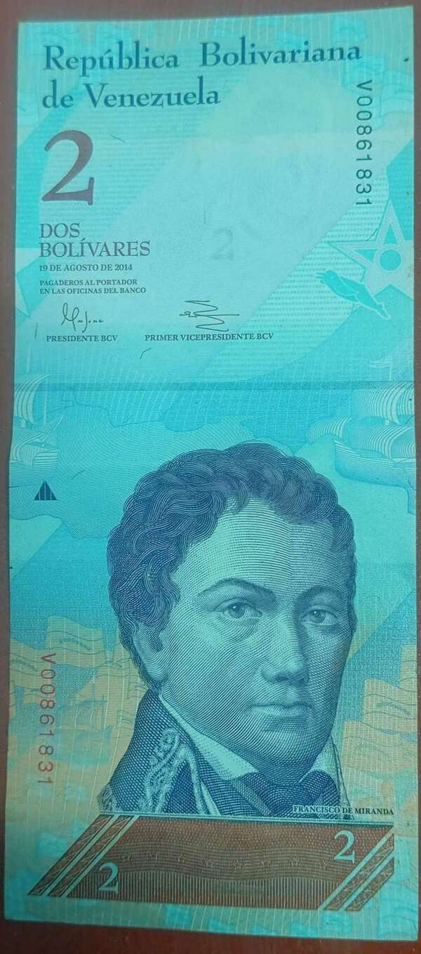 Billete de 2 bolivares venezolano, emitido el 19 de agosto del 2014