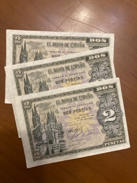 Billetes 2 pesetas correlativos Burgos 1938