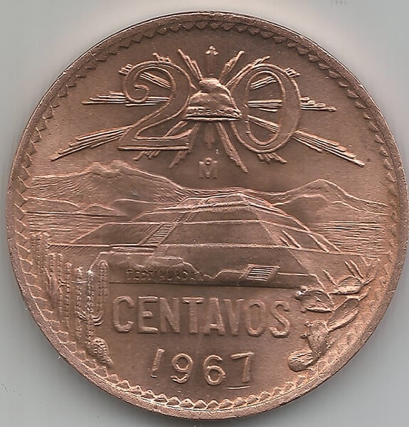 20 Centavos México 1967 KM# 440 10g  Bronce  28.5 mm