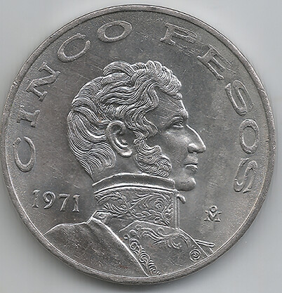 5 Pesos México 1971 KM# 472  14g Cuproníquel  33mm