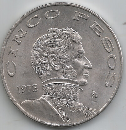 5 pesos México 1973 KM# 472  14gr   Cuproníquel  33mm