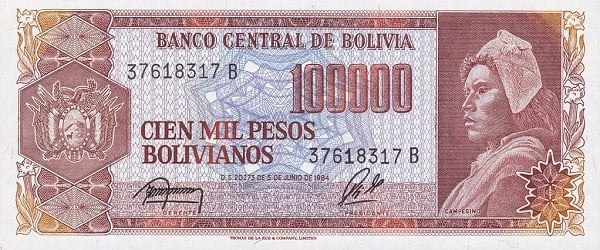 10 centavos bolivianos (Sobrescrito na nota de 100.000 bolivianos P#171)