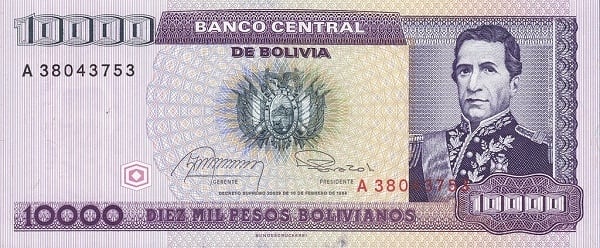 1 cêntimo de boliviano (sobreimpressão na nota de 10 000 bolivianos P#169)