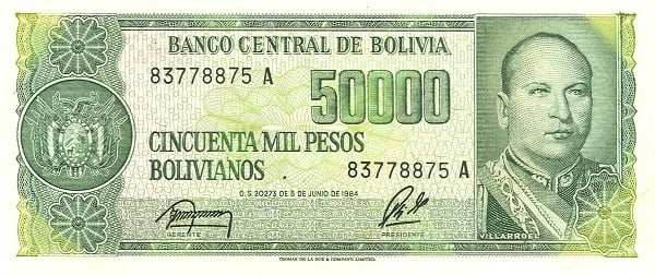 5 centavos de boliviano (sobreimpressão na nota de 50000 bolivianos P#170)