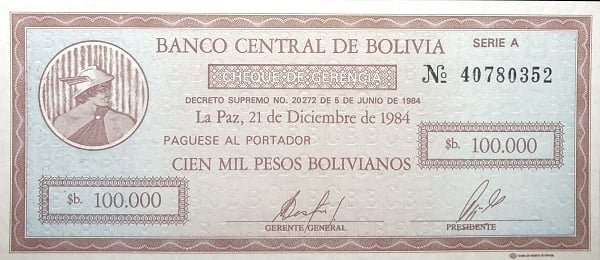 10 centavos bolivianos (Sobrescrito na nota de 100.000 bolivianos P#188)