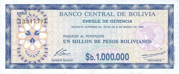 1 boliviano (Sobreimpressão na nota de 1000000 bolivianos P#192c)