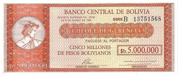 5 bolivianos (sobreimpressão na nota de 5000000 bolivianos P#192a)