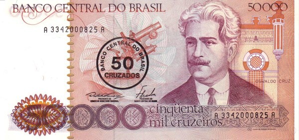 50 cruzados (Sobreimpressão em 50000 cruzeiros P#204)