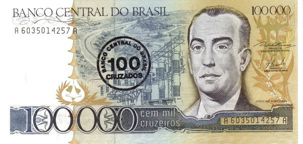 100 cruzados (sobreimpressão em 100000 cruzeiros P#205)