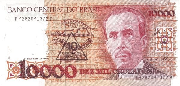 10 cruzados (em sobreimpressão em 10000 cruzeiros P#215)