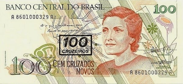 100 cruzeiros (sobreimpressão em 100 cruzados novos P#220)