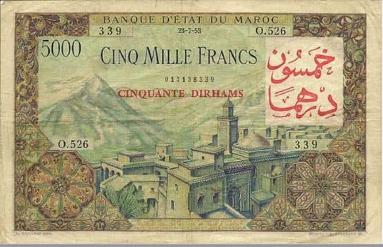 50 dirhams (sobreimpressos em 5000 francos)