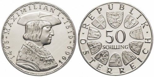 50 schilling (450º aniversário da morte de Maximiliano I)