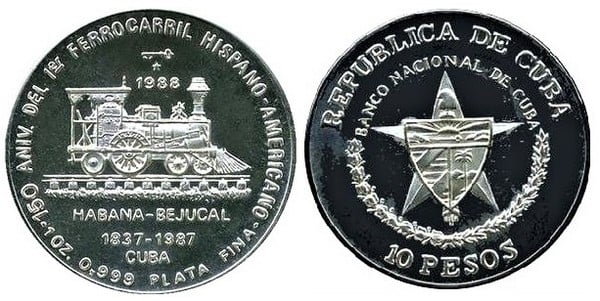 10 pesos (150º aniversário do primeiro caminho de ferro hispano-americano)