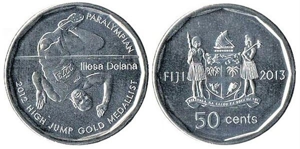 50 cents (Iliesa Delana, atleta paraolímpica de salto em altura das Ilhas Fiji)