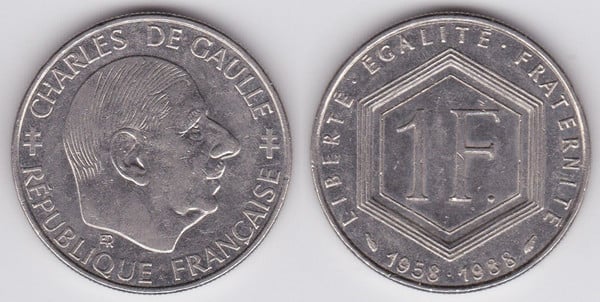 1 franc (Charles de Gaulle - 30º aniversário da Quinta República)