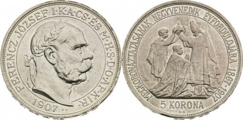 5 korona (40º Aniversário da Coroação de Francisco José I)