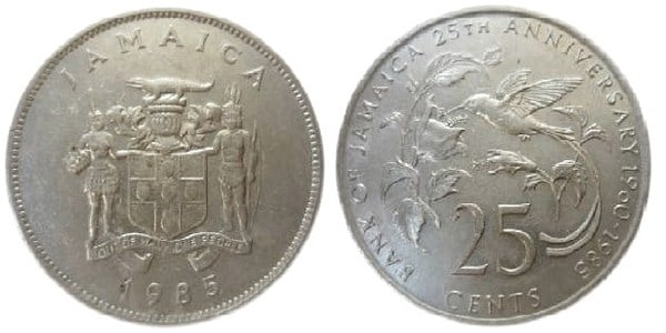 25 cents (25º Aniversário do Banco da Jamaica)