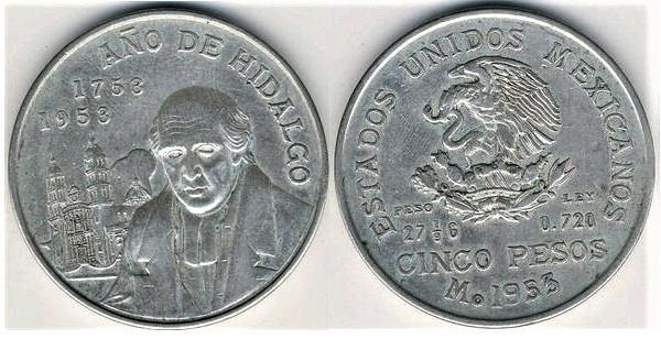 5 pesos (200º aniversário do nascimento de Miguel Hidalgo)