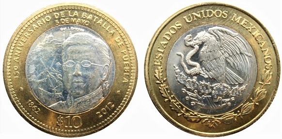 10 pesos (150º aniversário da Batalha de Puebla)