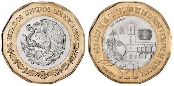 20 pesos (500º aniversário da fundação da cidade e do porto de Veracruz)