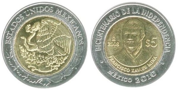 5 pesos (Bicentenário da Independência-Francisco Xavier Mina)