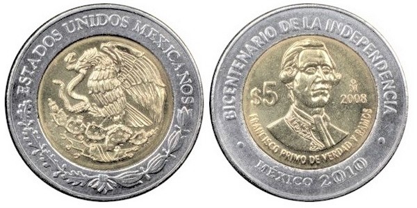 5 pesos (Bicentenário da Independência-Francisco Primo de Verdad y Ramos)