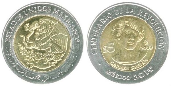 5 pesos (Centenário da Revolução-Carmen Serdán)