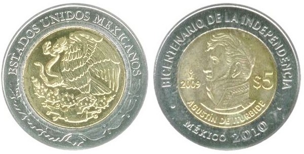 5 pesos (Bicentenário da Independência-Agustín de Iturbide)