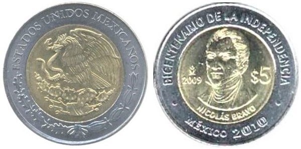 5 pesos (Bicentenário da Independência-Nicolás Bravo)