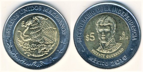 5 pesos (Bicentenário da Independência-Vicente Guerrero)