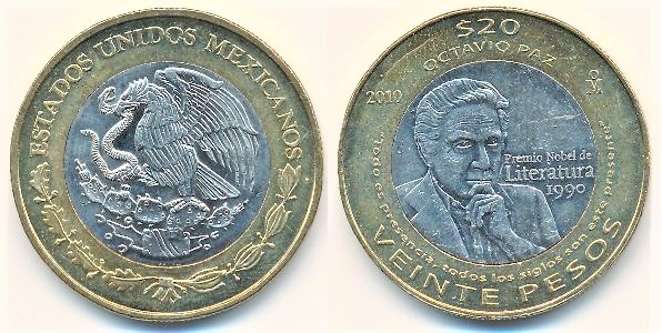 20 pesos (20º aniversário do Prémio Nobel da Literatura atribuído a Octavio Paz)