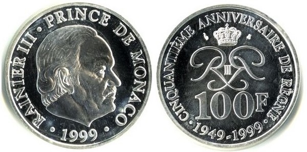 100 francos (50 anos do reinado de Rainier III)