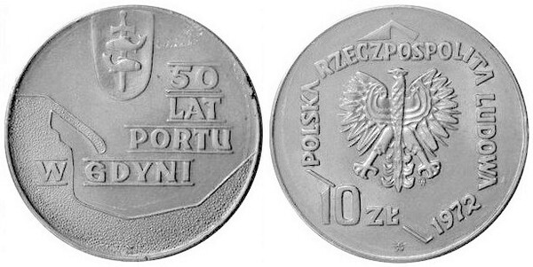 10 zlotych  (50º Aniversário do Porto de Gdynia)