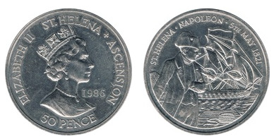 50 pence (165º aniversário da morte de Napoleão)