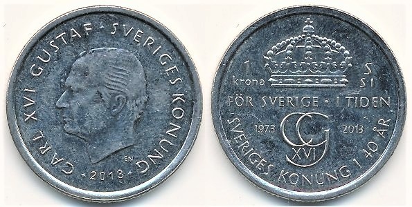 1 krona (40 anos do reinado de Carl XVI Gustaf)