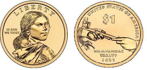 1 dollar (Dólar Sacagawea - Dólar Americano Nativo - Tratado Wampanoag 1621)