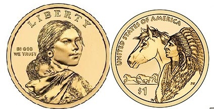 1 dollar (Dólar de Sacagawea - Dólar Americano Nativo - Reverso de Cavalo)